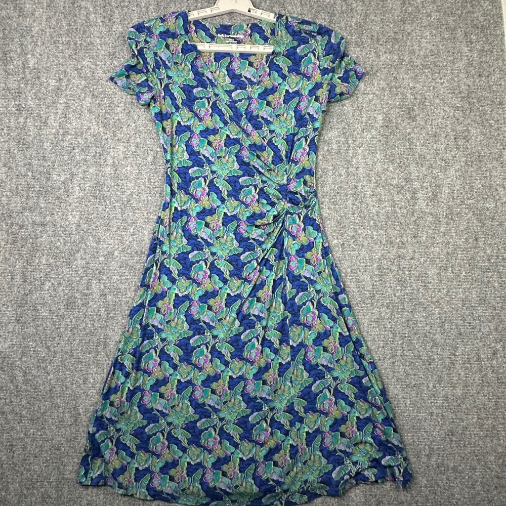 Soft Surroundings Dress XS Geen Purple Floral Ruched Whimsical Cottagecore‎ Boho